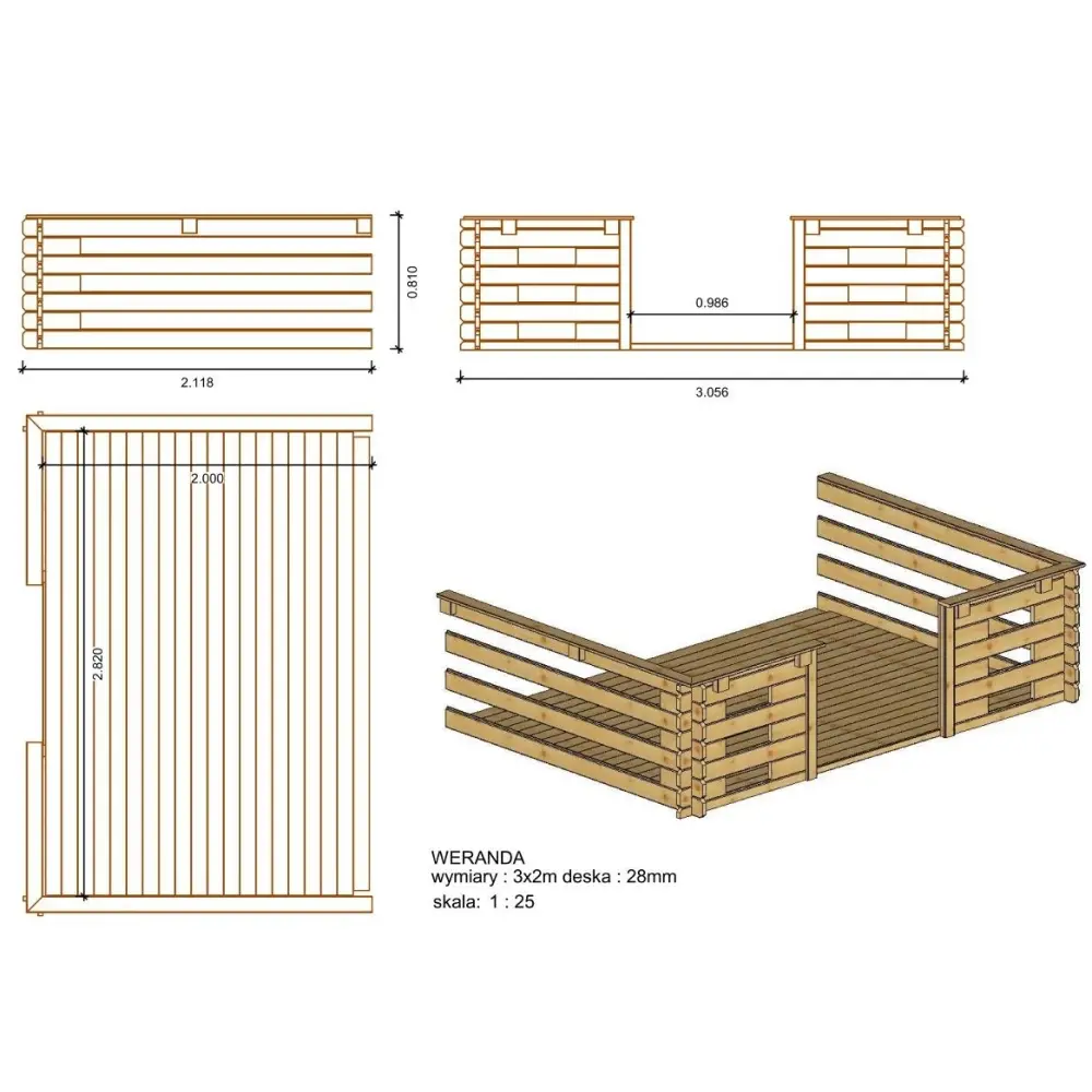 Terrasse en bois avec balustrade pour abri en bois - 6m2 - 3m x 2m - imprégnée - couleur: marron