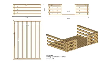 Terrasse en bois avec balustrade pour abri en bois - 6m2 - 3m x 2m - imprégnée - couleur: marron