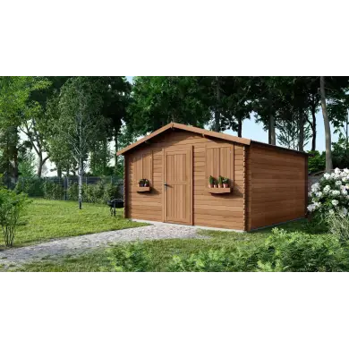 Abri de jardin en bois - 16m2 - 4x4m - Traité - Ep. 28mm - Couleur: marron