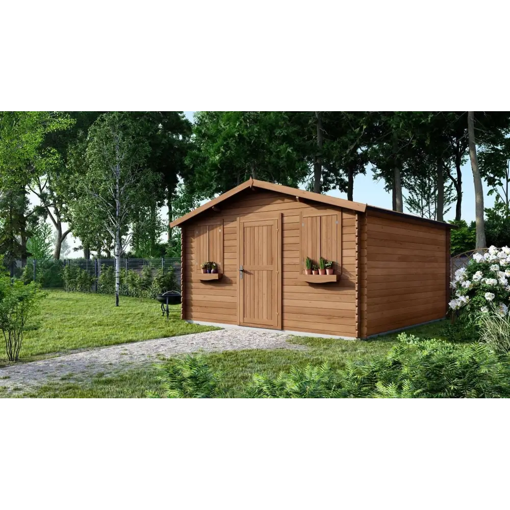 Abri de jardin en bois - 16m2 - 4x4m - Traité - Ep. 28mm - Couleur: marron