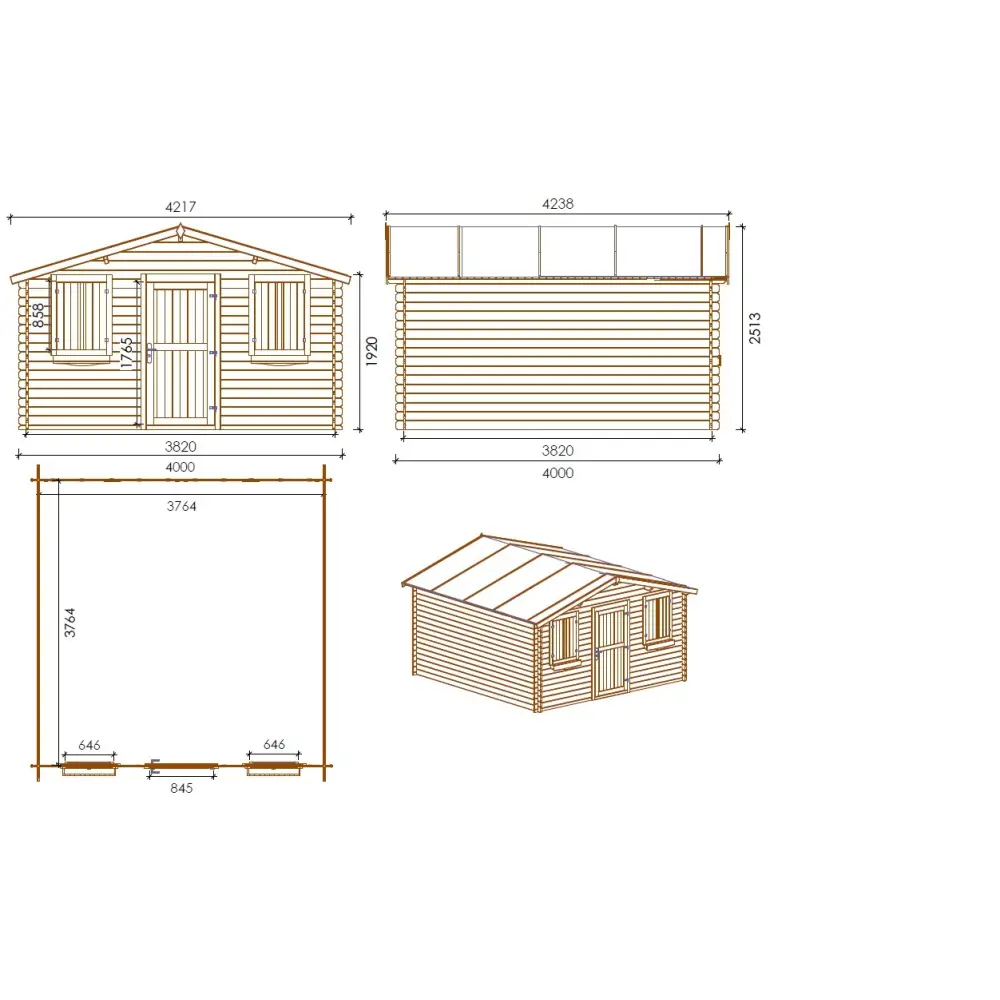 Abri de jardin en bois - 16m2 - 4x4m - Traité - Ep. 28mm - Couleur: marron