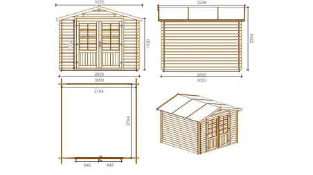 Abri de jardin en bois - 3x3 m + terrasse avec balustrade et avant-toit en bois - 18 m2
