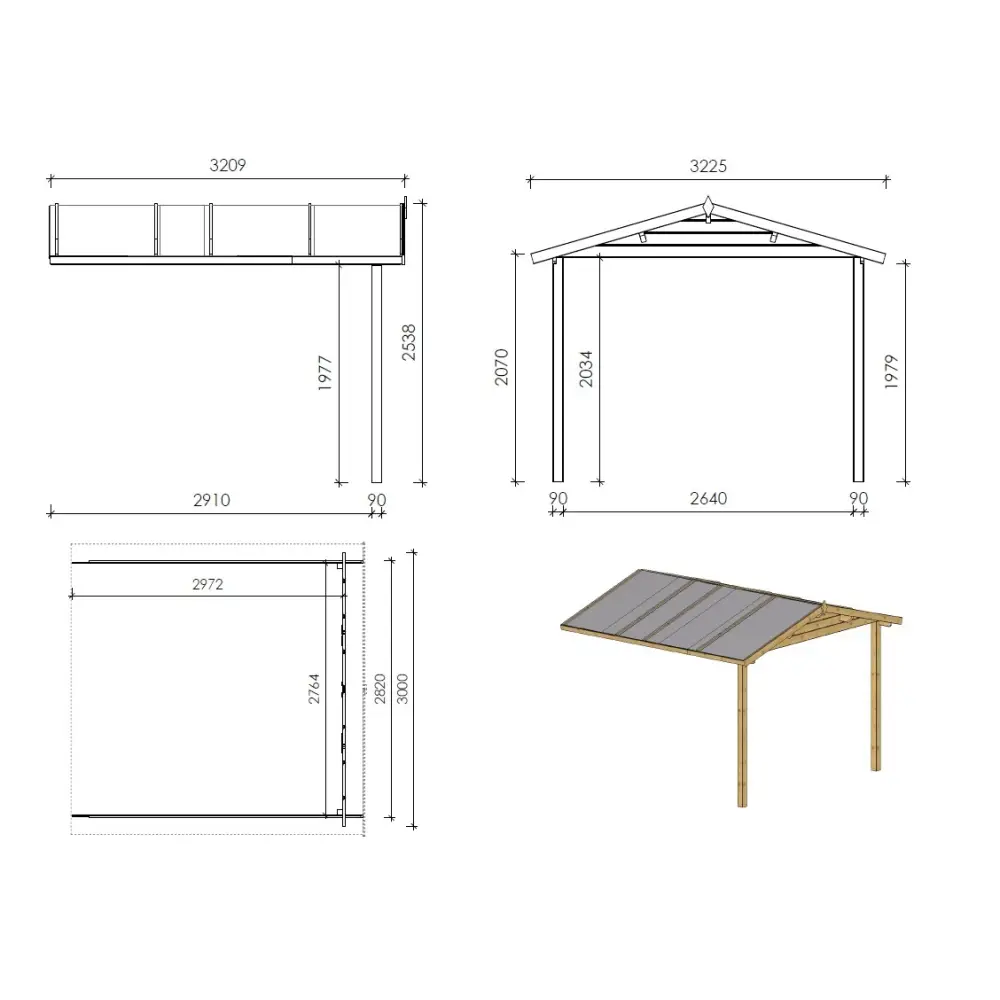 Abri de jardin en bois - 3x3 m + terrasse avec balustrade et avant-toit en bois - 18 m2