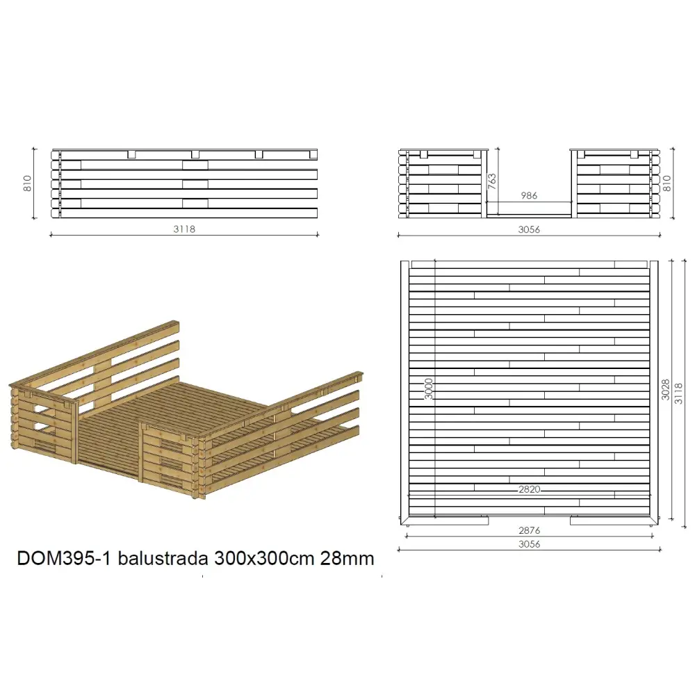 Abri de jardin en bois - 3x3 m + terrasse avec balustrade et avant-toit en bois - 18 m2