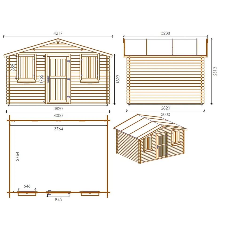 Abri de jardin en bois - 12m2 - 4x3m - Traité - Ep. 28mm - Couleur: marron