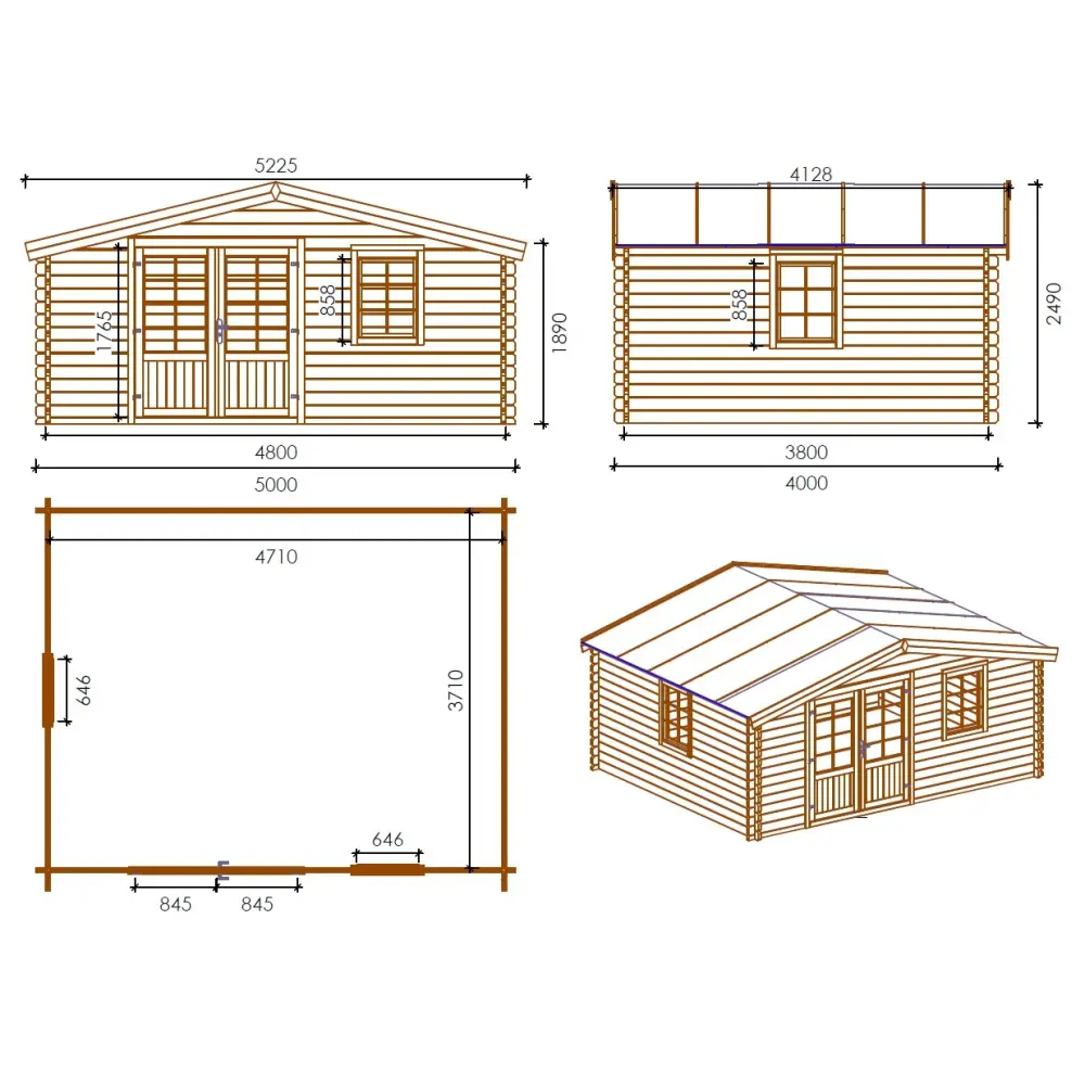 Abri de jardin en bois - 20m2 - 5x4m - Traité - Ep. 45mm - Couleur: marron