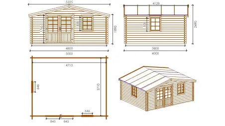 Abri de jardin en bois - 20m2 - 5x4m - Traité - Ep. 45mm - Couleur: marron