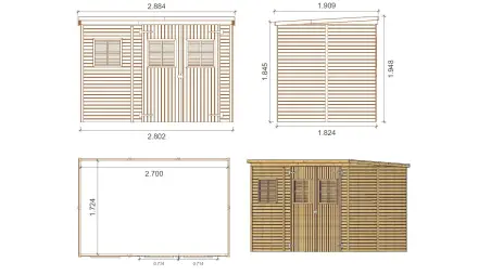Abri de jardin en bois 4.86 m2 - 2.7x1.8 m - Couleur: naturel