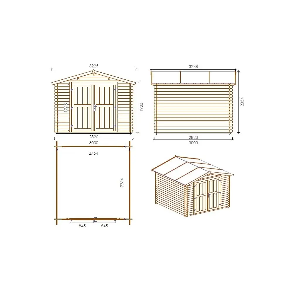 Abri de jardin en bois - 9m2 - 3x3m - Ep. 28mm - Couleur: naturel
