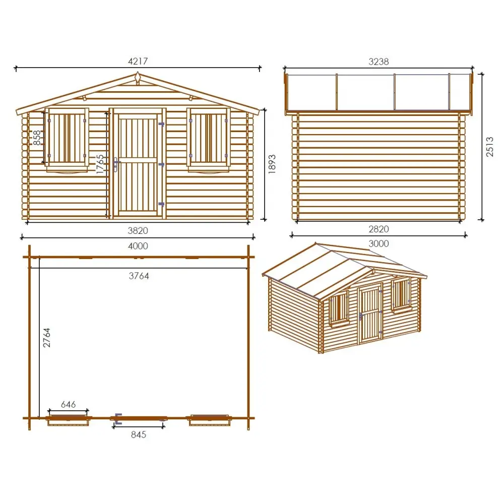 Abri de jardin en bois - 4x3 m + terrasse avec balustrade et avant-toit en bois - 24 m2