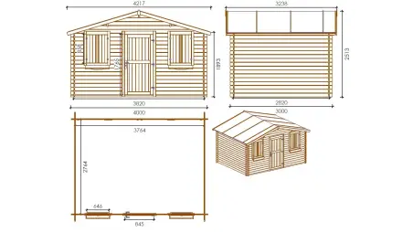 Abri de jardin en bois - 4x3 m + terrasse avec balustrade et avant-toit en bois - 24 m2