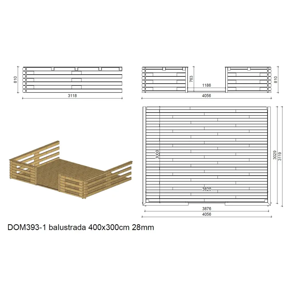 Abri de jardin en bois - 4x3 m + terrasse avec balustrade et avant-toit en bois - 24 m2