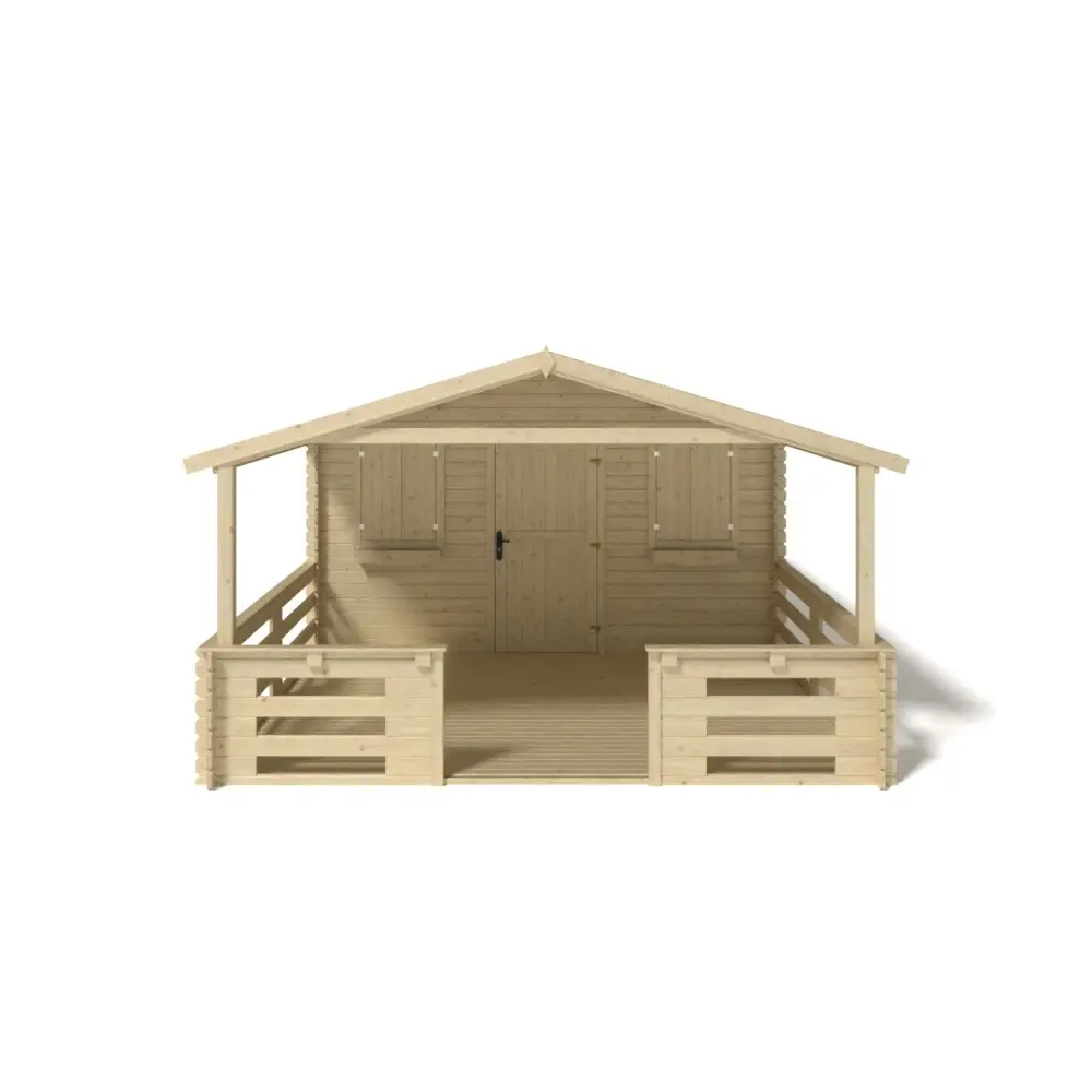Abri de jardin en bois - 4x3 m + terrasse avec balustrade et avant-toit en bois - 24 m2