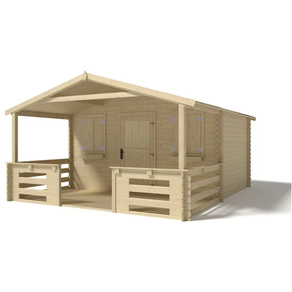 Abri de jardin en bois - 4x3 m + terrasse avec balustrade et avant-toit en bois - 24 m2