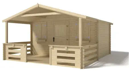Abri de jardin en bois - 4x3 m + terrasse avec balustrade et avant-toit en bois - 24 m2