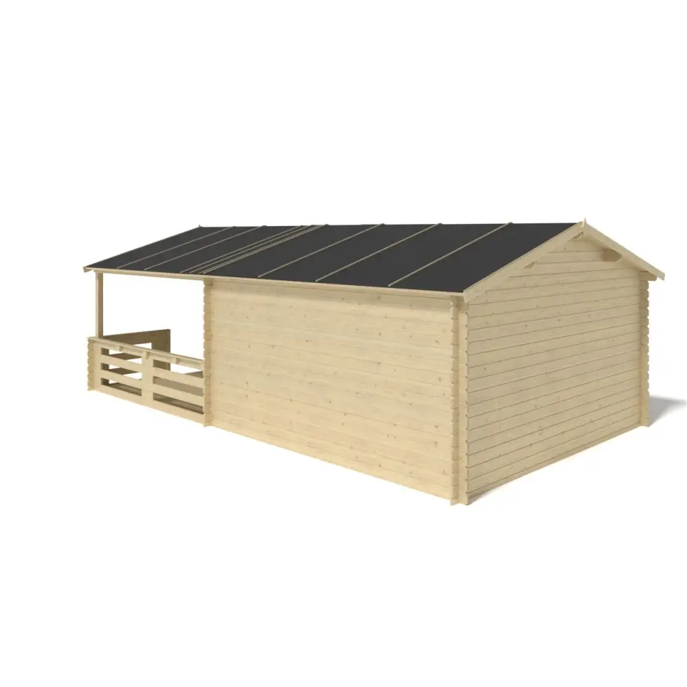 Abri de jardin en bois - 4x3 m + terrasse avec balustrade et avant-toit en bois - 24 m2
