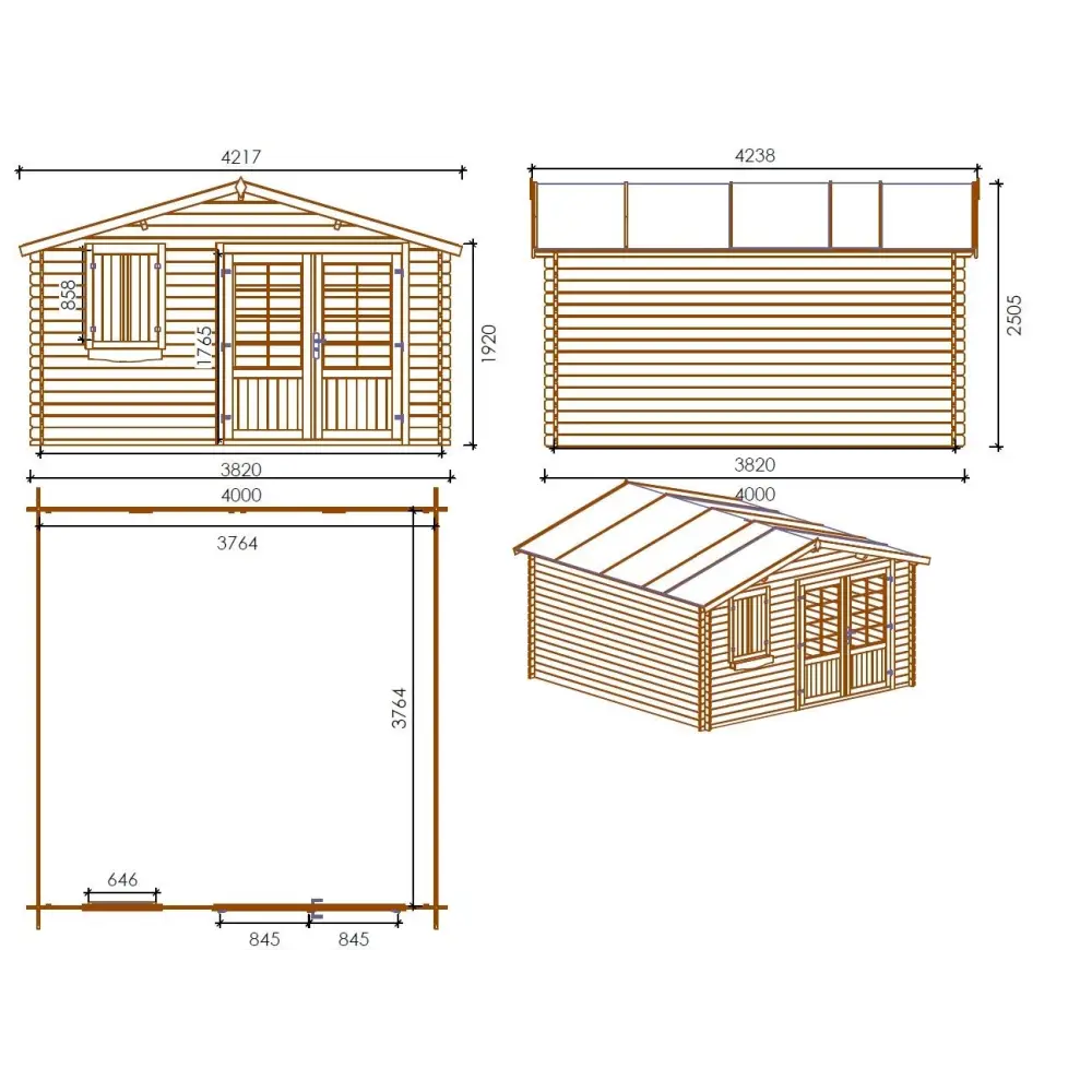 Abri de jardin en bois - 4x4 m + terrasse avec balustrade et avant-toit en bois - 28 m2 - Traité