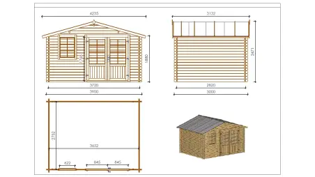 Abri de jardin en bois - 11.7m2 - 3.9x3m - Ep. 34mm - Couleur: naturel