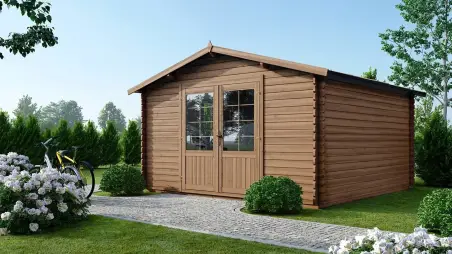 Abri de jardin en bois - 15.2m2 - 3.9x3.9m - Traité - Ep. 34mm - Couleur: marron