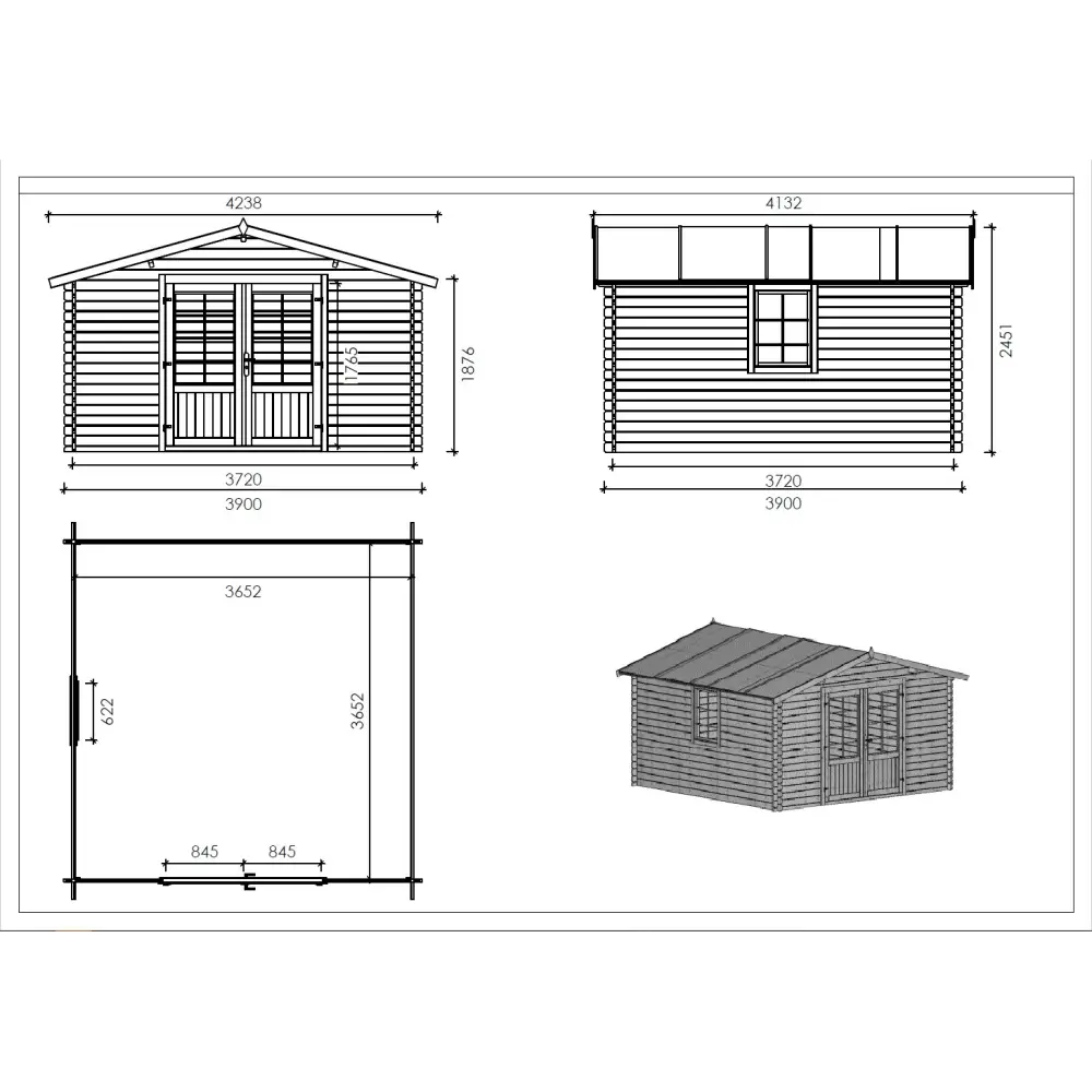 Abri de jardin en bois - 15.2m2 - 3.9x3.9m - Traité - Ep. 34mm - Couleur: marron