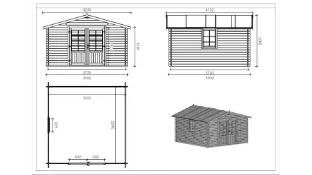 Abri de jardin en bois - 15.2m2 - 3.9x3.9m - Traité - Ep. 34mm - Couleur: marron