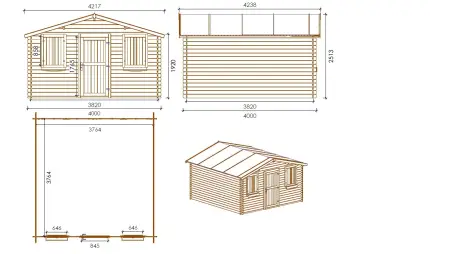 Abri de jardin en bois - 4x4 m + terrasse avec balustrade et avant-toit en bois - 24 m2 - Traité
