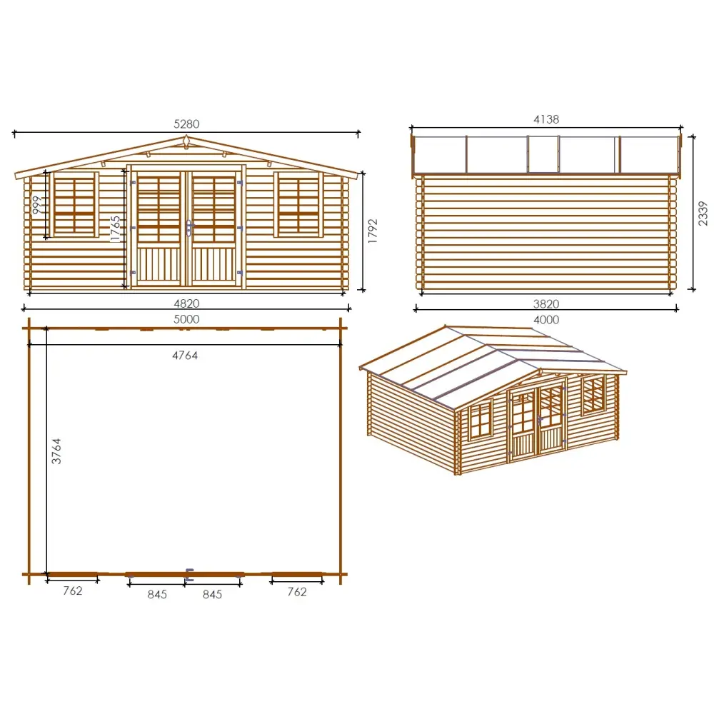 Abri de jardin en bois - 5x4 m + terrasse avec balustrade et avant-toit en bois - 30 m2