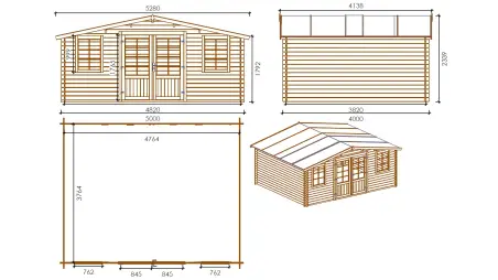 Abri de jardin en bois - 5x4 m + terrasse avec balustrade et avant-toit en bois - 30 m2