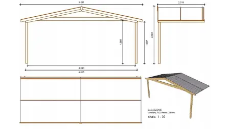 Abri de jardin en bois - 5x4 m + terrasse avec balustrade et avant-toit en bois - 30 m2