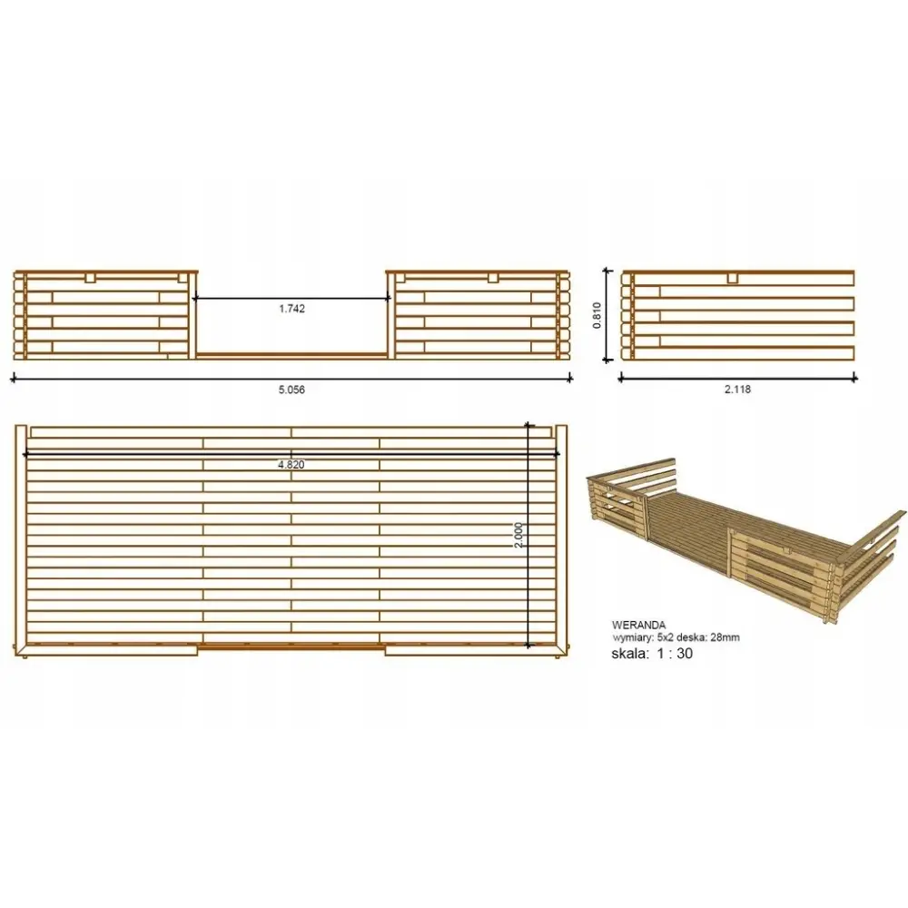 Abri de jardin en bois - 5x4 m + terrasse avec balustrade et avant-toit en bois - 30 m2