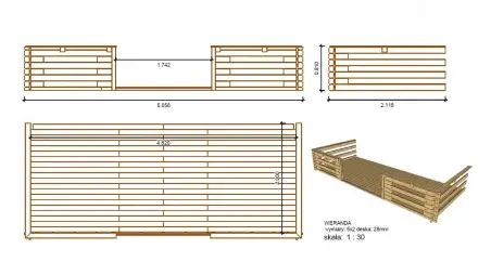 Abri de jardin en bois - 5x4 m + terrasse avec balustrade et avant-toit en bois - 30 m2