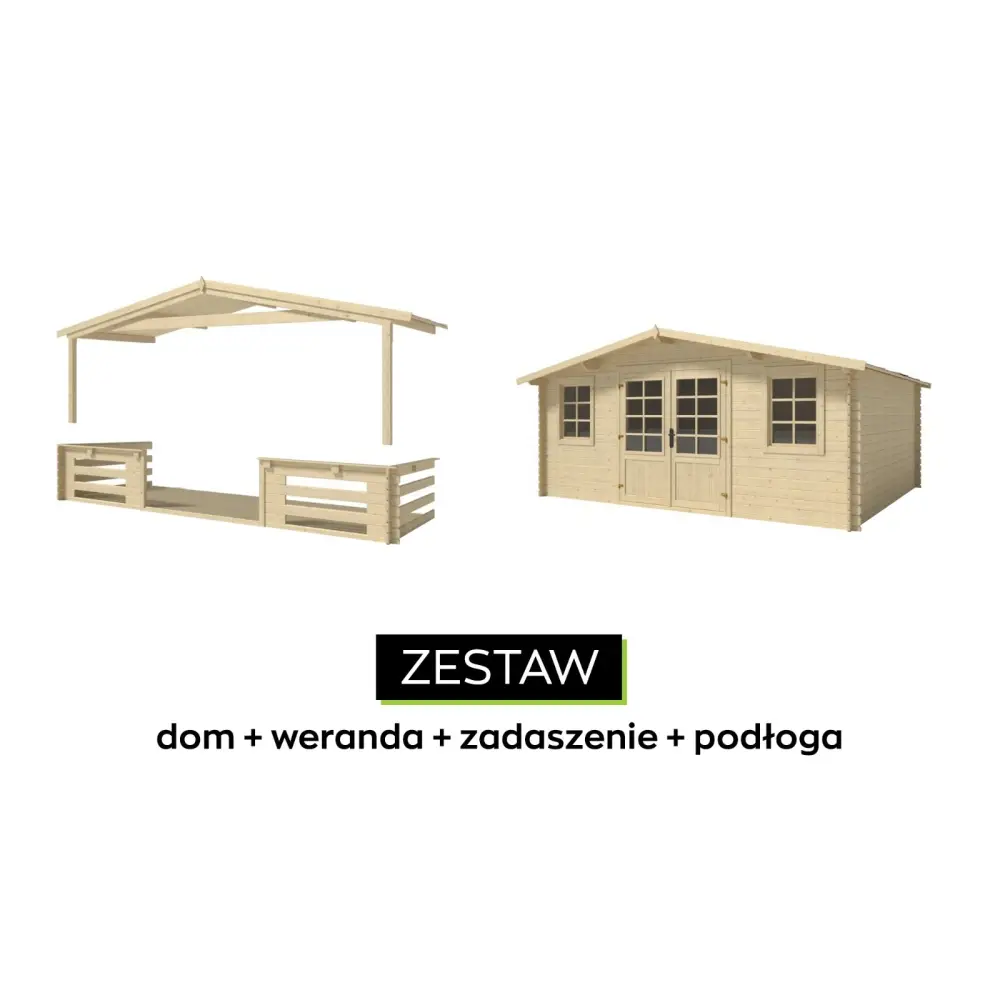 Abri de jardin en bois - 5x4 m + terrasse avec balustrade et avant-toit en bois - 30 m2