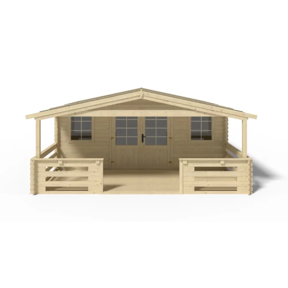 Abri de jardin en bois - 5x4 m + terrasse avec balustrade et avant-toit en bois - 30 m2