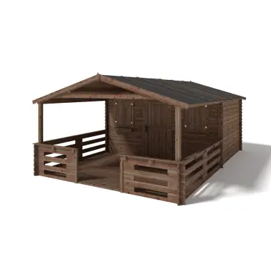 Abri de jardin en bois - 4x3 m + terrasse avec balustrade et avant-toit en bois - 24 m2 - Traité