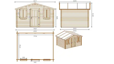 Abri de jardin en bois - 4x3 m + terrasse avec balustrade et avant-toit en bois - 24 m2 - Traité