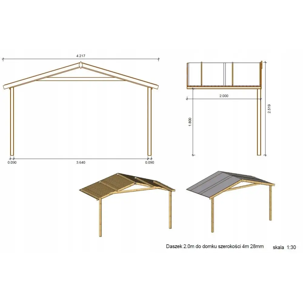 Abri de jardin en bois - 4x3 m + terrasse avec balustrade et avant-toit en bois - 20 m2 - Traité