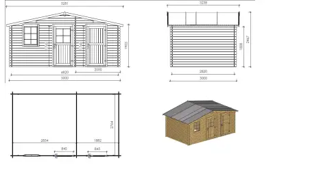 Abri de jardin en bois - 15m2 - 5x3m - Ep. 28mm - Couleur: naturel