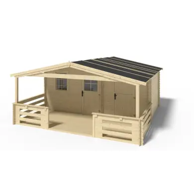 Abri de jardin en bois - 5x3 m + terrasse avec balustrade et avant-toit en bois - 35 m2