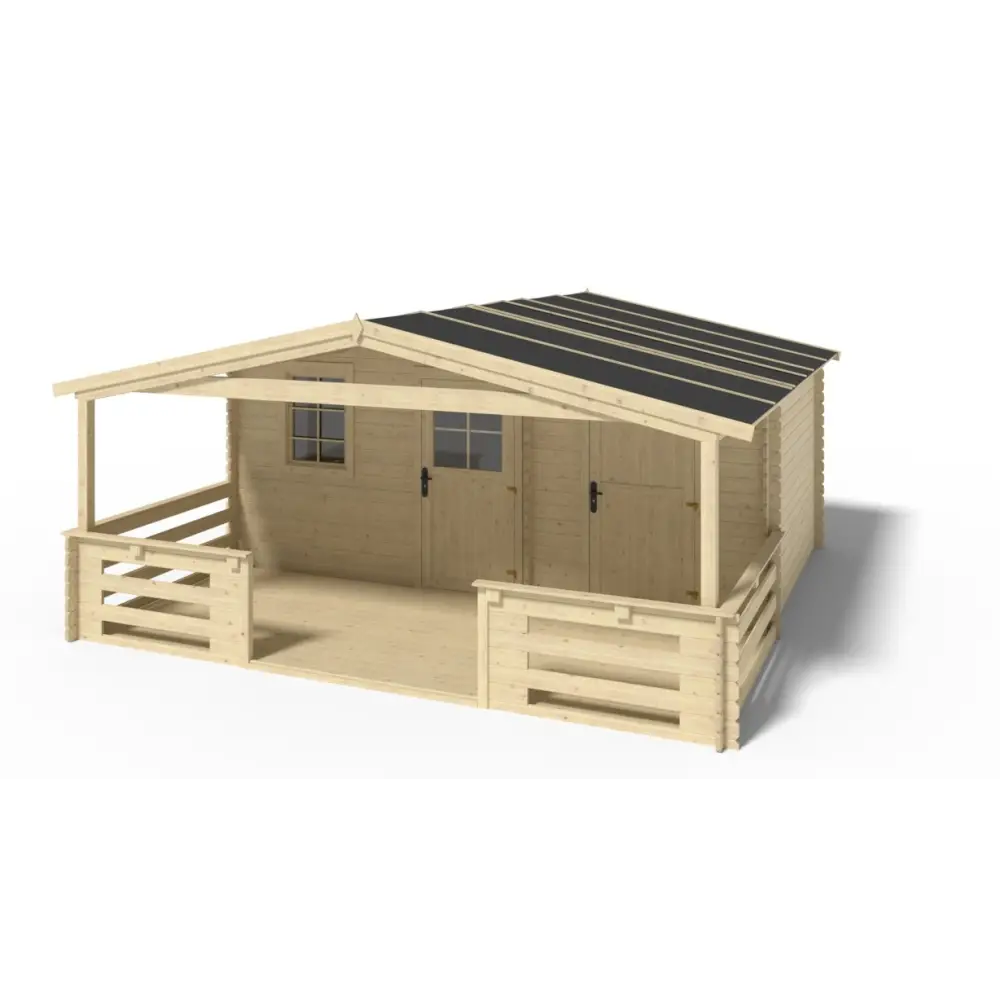 Abri de jardin en bois - 5x3 m + terrasse avec balustrade et avant-toit en bois - 35 m2