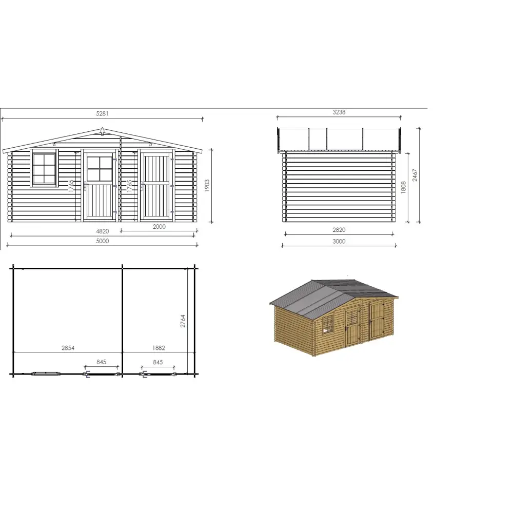 Abri de jardin en bois - 5x3 m + terrasse avec balustrade et avant-toit en bois - 35 m2