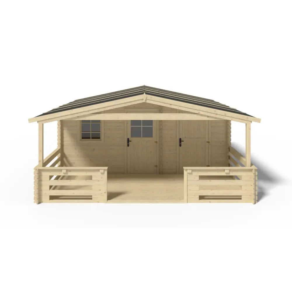Abri de jardin en bois - 5x3 m + terrasse avec balustrade et avant-toit en bois - 35 m2