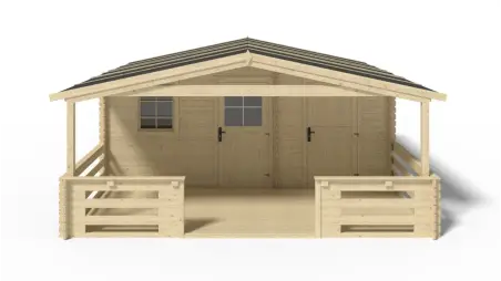 Abri de jardin en bois - 5x3 m + terrasse avec balustrade et avant-toit en bois - 35 m2