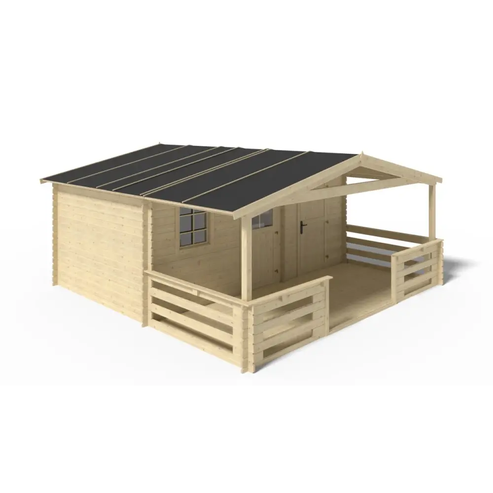 Abri de jardin en bois - 5x3 m + terrasse avec balustrade et avant-toit en bois - 35 m2