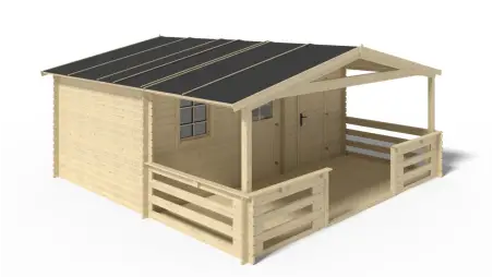 Abri de jardin en bois - 5x3 m + terrasse avec balustrade et avant-toit en bois - 35 m2