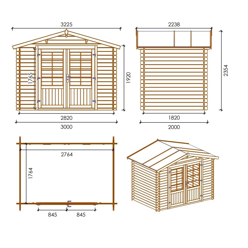 Abri de jardin en bois - 6m2 - 3x2m - Ep. 28mm - Couleur: naturel