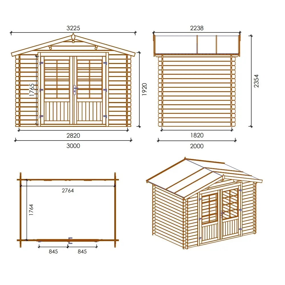 Abri de jardin en bois - 3x2 m + terrasse avec balustrade et avant-toit en bois - 15 m2