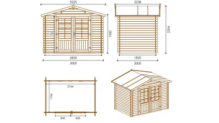 Abri de jardin en bois - 3x2 m + terrasse avec balustrade et avant-toit en bois - 15 m2