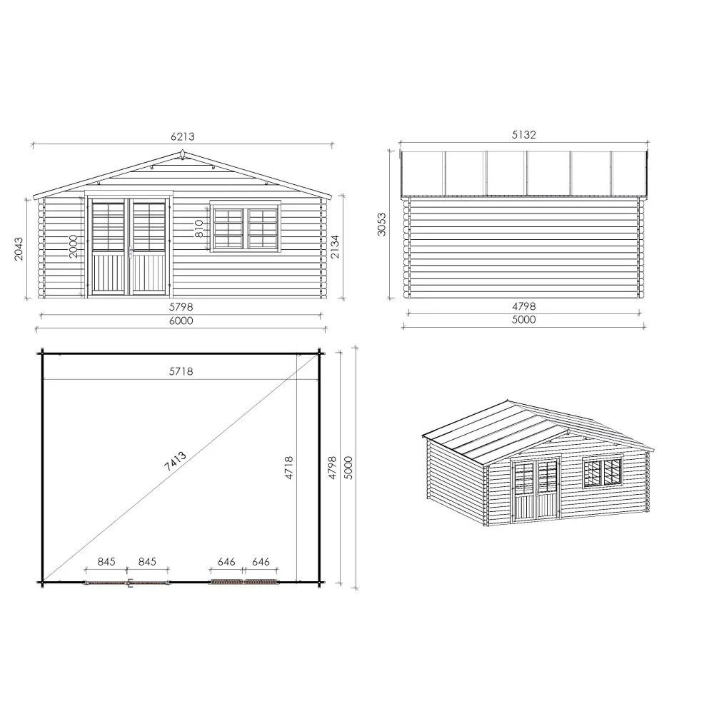 Abri de jardin en bois - 30m2 - 6x5m - Ep. 40mm - Couleur: naturel