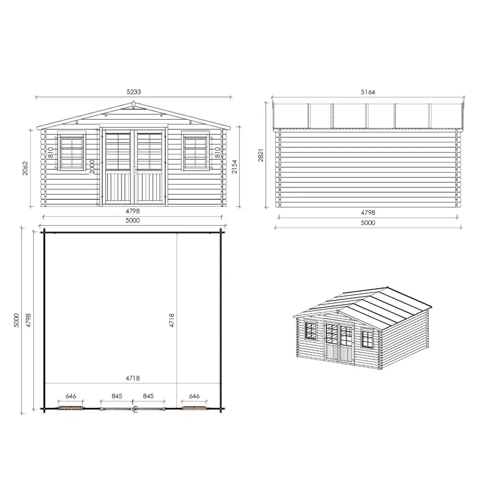 Abri de jardin en bois - 25m2 - 5x5m - Ep. 40mm - Couleur: naturel