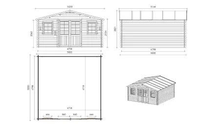 Abri de jardin en bois - 25m2 - 5x5m - Ep. 40mm - Couleur: naturel